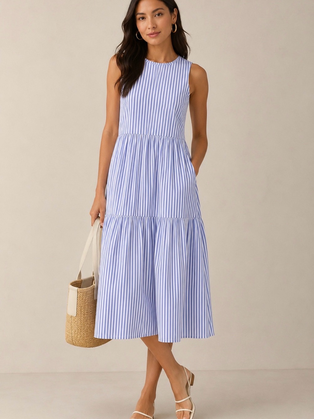 J. Crew Blue and White Striped Sleeveless Midi Dress